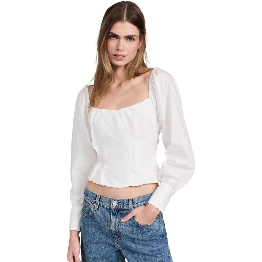 Women's Cotton Long Sleeve Top Porcelain Small Pleated Puff Sleeves